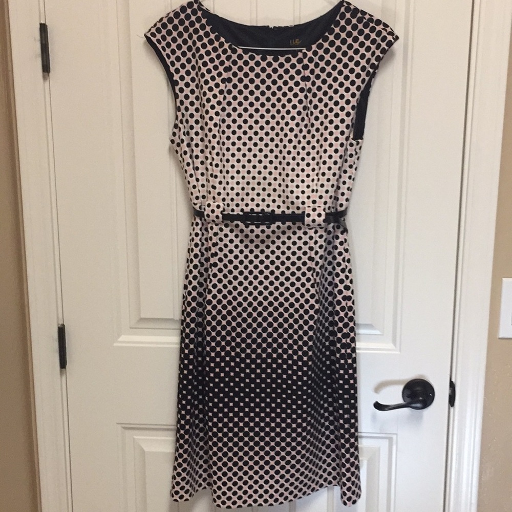 Sleeveless white pink and black polka dot dress